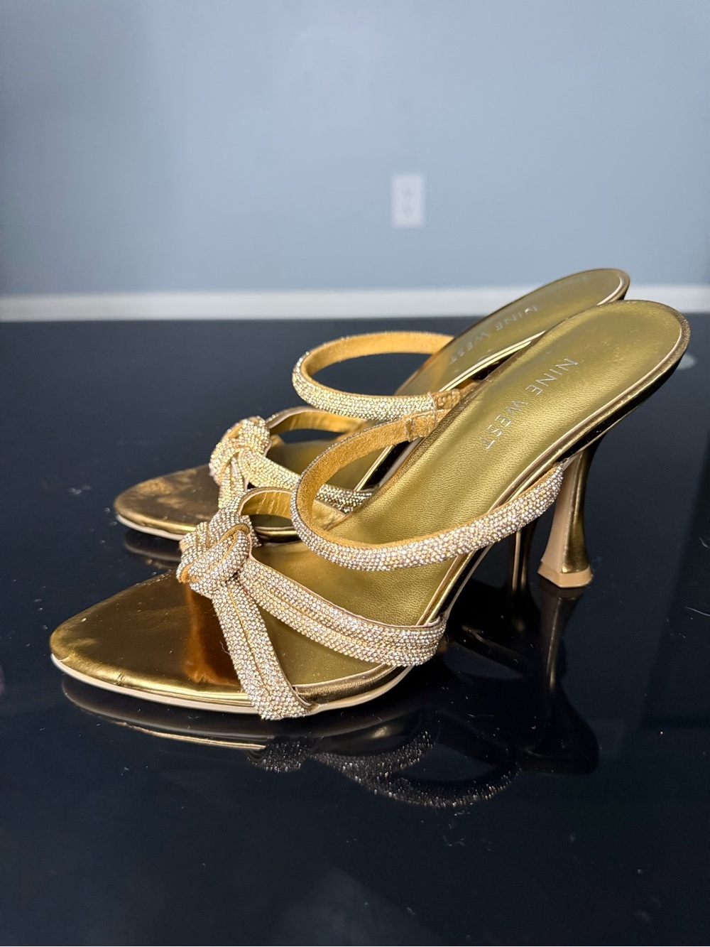 Nine West Gold Beaded Knot-Strap Heeled Sandals